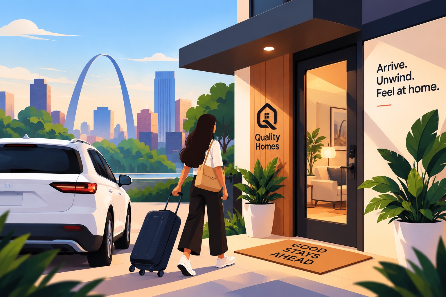 A guest arriving at a Quality Homes rental in St. Louis with the Gateway Arch in the background